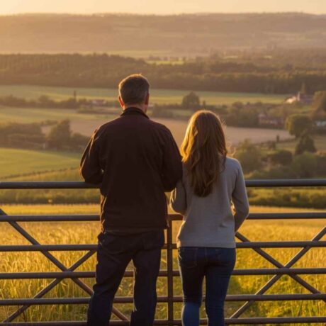 Image of father and daughter farmer standing at gate overlooking farmland UK golden hour
