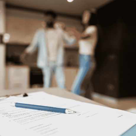 Image of paperwork on table with a couple in the background