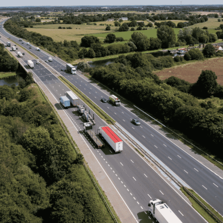 Aerial view directly above a busy UK motorway bridge over a river